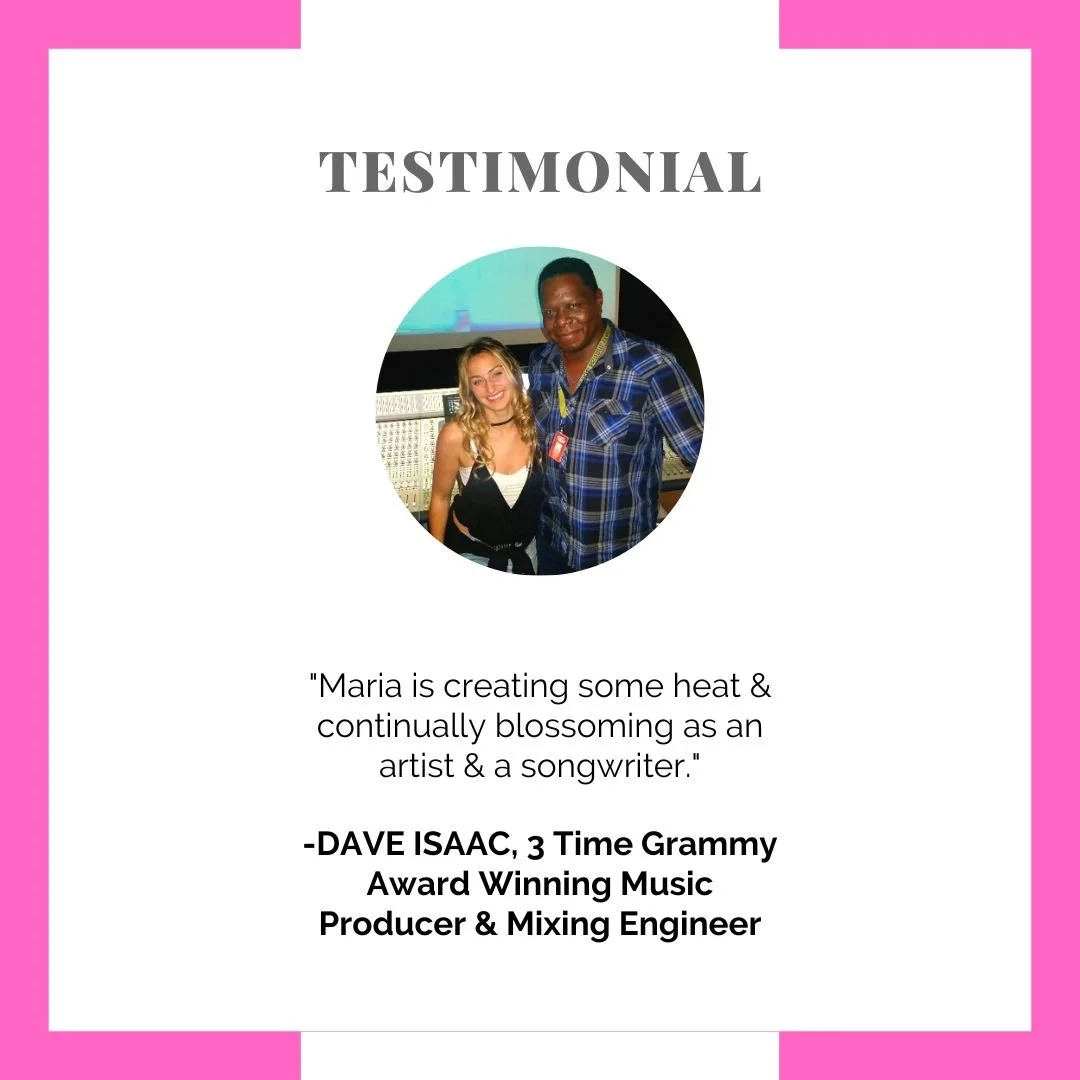 Testimonial card with a photo of a woman and a man, and a quote praising Maria's creativity. The card has a pink border and the word 'TESTIMONIAL' at the top.
