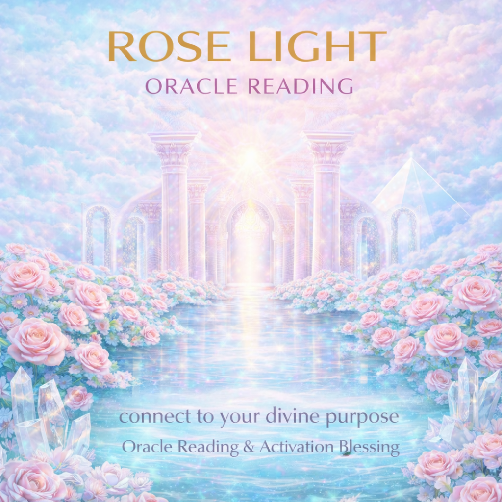 A fantasy scene featuring a pathway of water leading to an ornate palace with columns, surrounded by pink roses, clouds, and sparkling crystals, with a bright light shining from the palace.