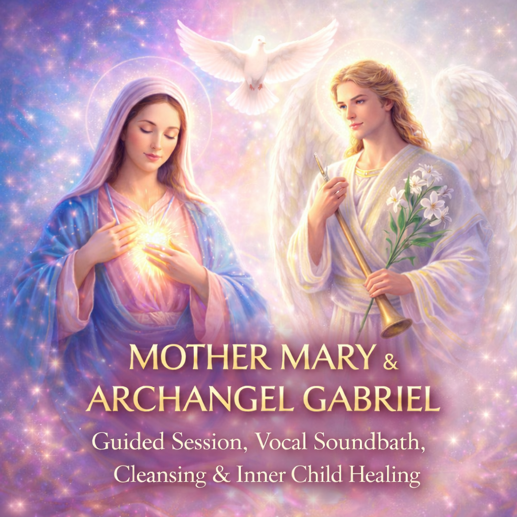 Artwork featuring Mother Mary and Archangel Gabriel with a dove, halo, and sparkles, promoting a guided session on inner child healing.