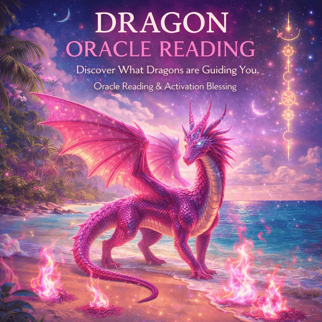 A pink and purple dragon standing on a beach with water and forest in the background, glowing with magical flames on the ground and a starry sky with moon and celestial symbols above.