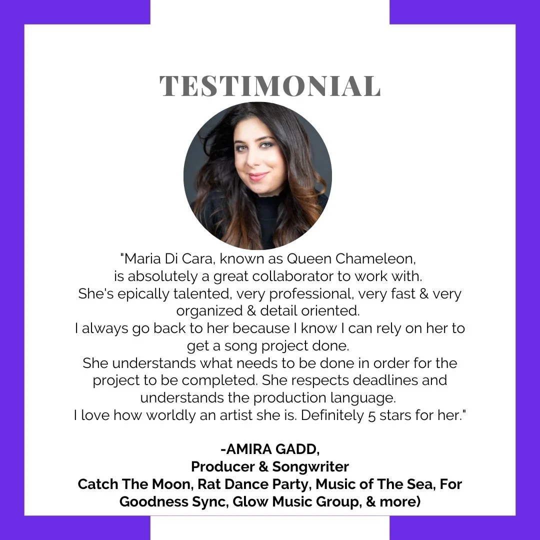 Testimonial page featuring a woman with dark, wavy hair, smiling, framed in a circular photo. The page includes a positive review of Maria Di Cara, known as Queen Chameleon, praising her professionalism and talent. The testimonial is signed by Amira 