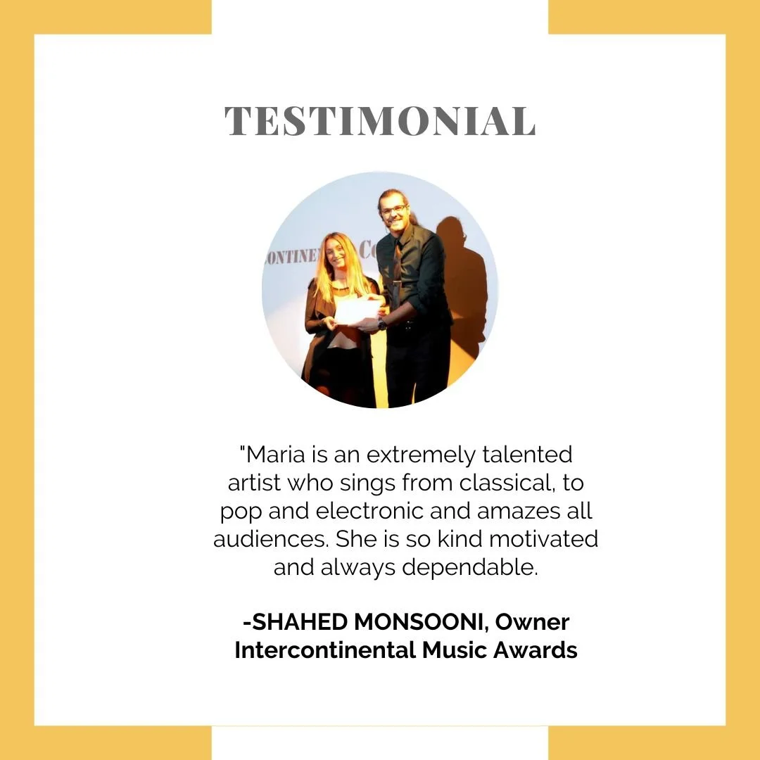 Testimonial certificate with photo of a man and a woman holding an award, accompanied by a quote praising Maria's talent and dependability, signed by Shahed Monsooni, owner of Intercontinental Music Awards.