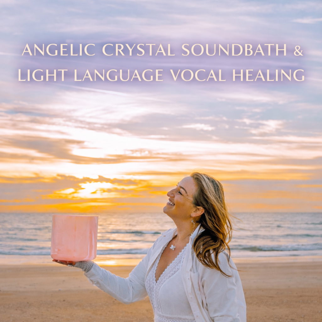 A woman on the beach holding a pink crystal singing bowl during a sunset, promoting an angelic crystal soundbath and light language vocal healing event.