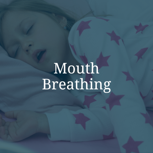 Child sleeping peacefully in bed, with text overlay that reads 'Mouth Breathing'.