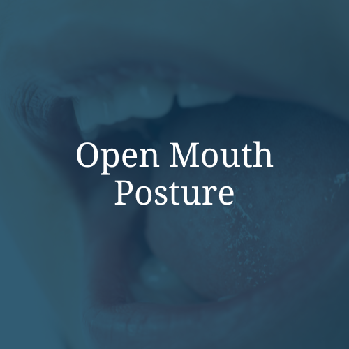 Close-up of a person's mouth with tongue showing, with the text "Open Mouth Posture" overlaid.