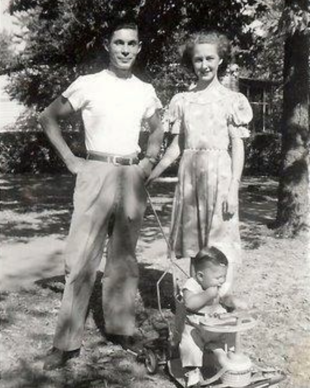 Gary's grandfather Charles, grandmother Evelyn, and father Arliss in Rosebud, SD in 1947. 
