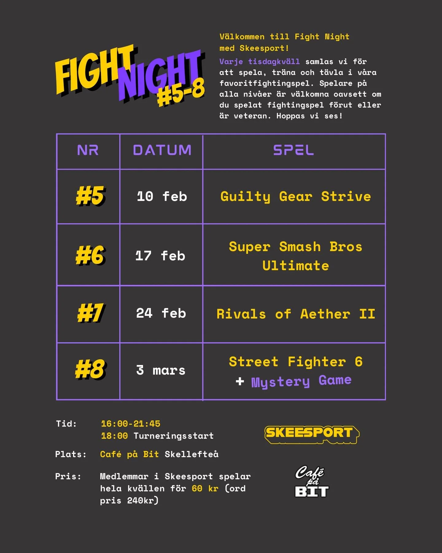 Nedr&auml;kningen har startat f&ouml;r kv&auml;llens turneringsstart i Fight Night nr 5!🥊

Vi k&ouml;r samma rotation p&aring; spelen den h&auml;r omg&aring;ngen f&ouml;rutom att vi p&aring; Fight Night nr 8, ut&ouml;ver ett slumpat mystery game, la