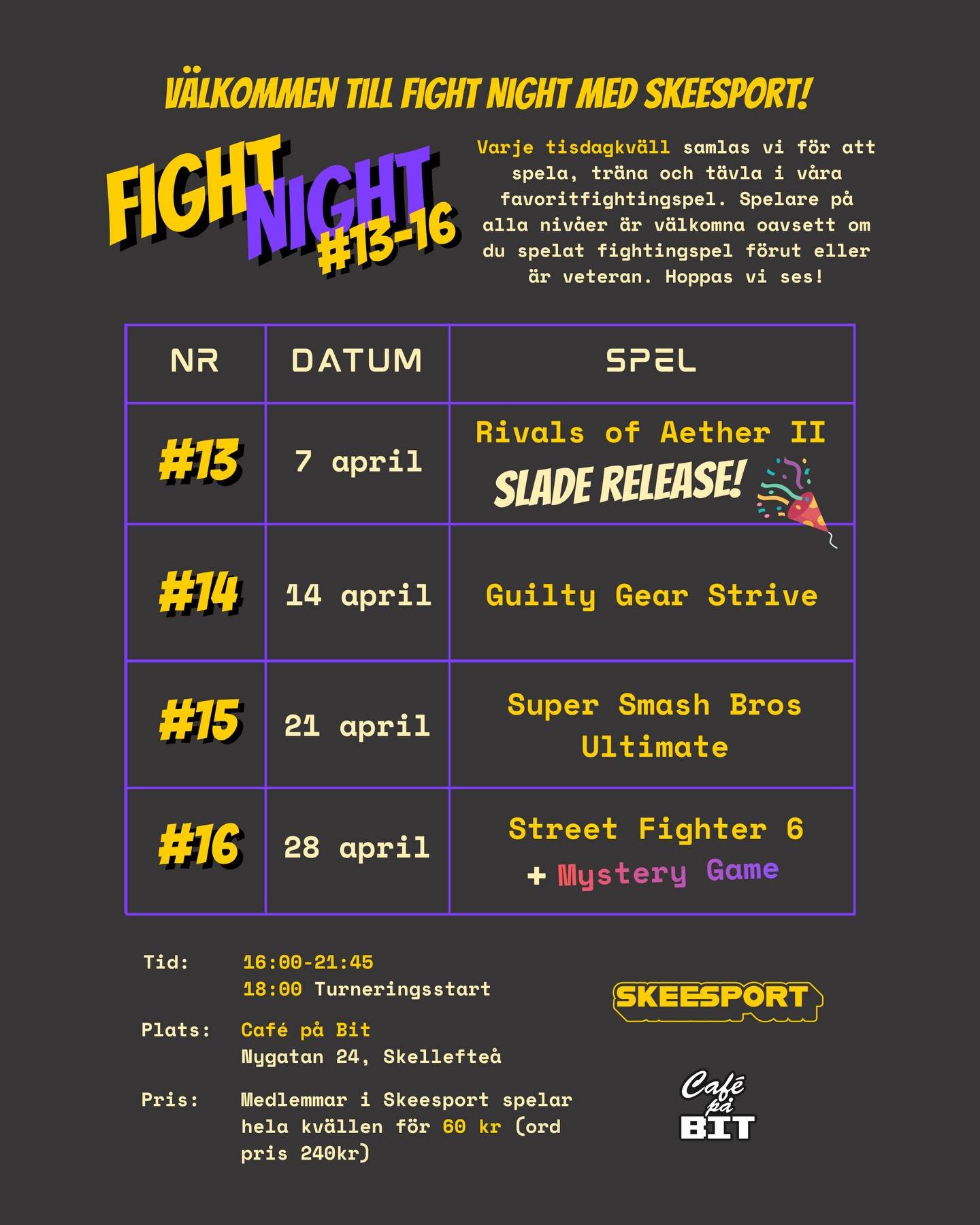 🌦️ Ny m&aring;nad, nytt fightnightschema! Rotationen ser lite annorlunda ut f&ouml;r Fight Night nr 13-16 d&aring; en ny karakt&auml;r sl&auml;pps till Rivals of Aether II idag och vi vill s&aring;klart vara f&ouml;rst p&aring; bollen! D&auml;rf&oum