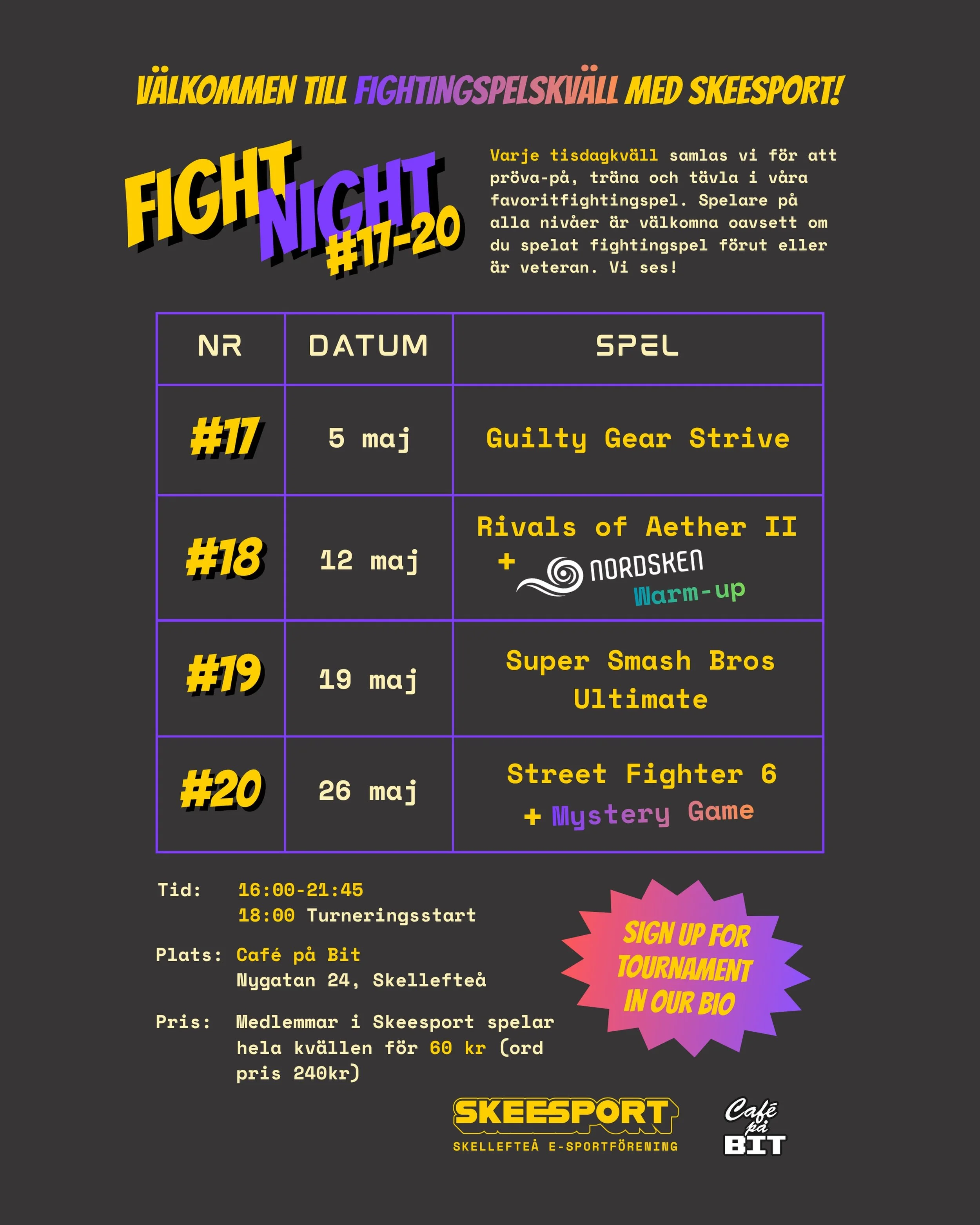 💥🥊 Sent omsider kommer h&auml;r maj m&aring;nads Fight Night-schema! Imorgon k&ouml;r vi turnering i Rivals of Aether 2, men det finns ocks&aring; m&ouml;jlighet att k&ouml;ra andra fightingspel ifall du vill v&auml;rma upp tummarna och finslipa di