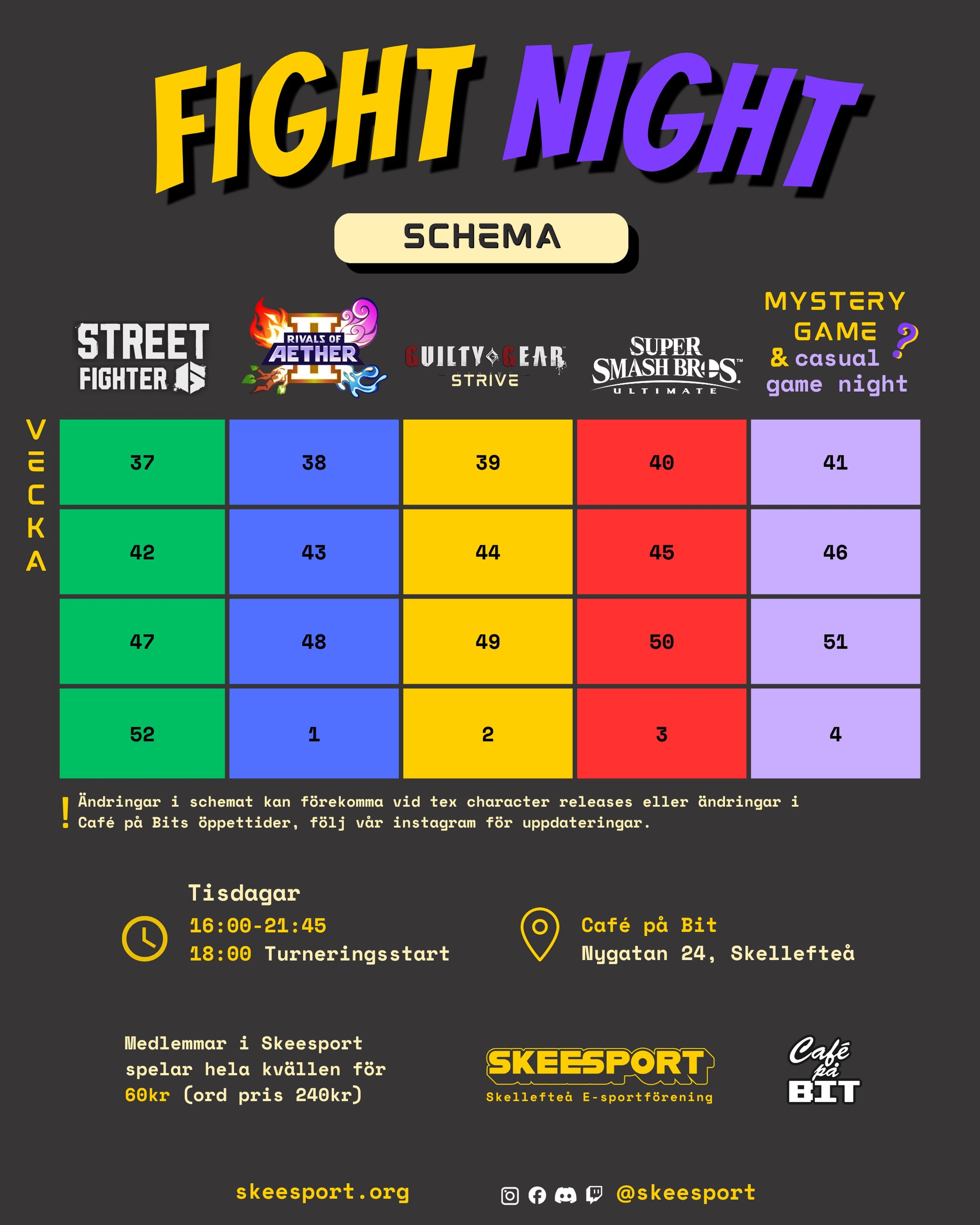 Vi kommer k&ouml;ra Fight Night ikv&auml;ll precis som vanligt &auml;ven om @cafepabit st&auml;nger 18. Det &auml;r vecka 37 och Street Fighter 6 st&aring;r p&aring; schemat ikv&auml;ll. Vi ses d&auml;r! 🥊😎

👾

Fight Night - en kv&auml;ll dedikera