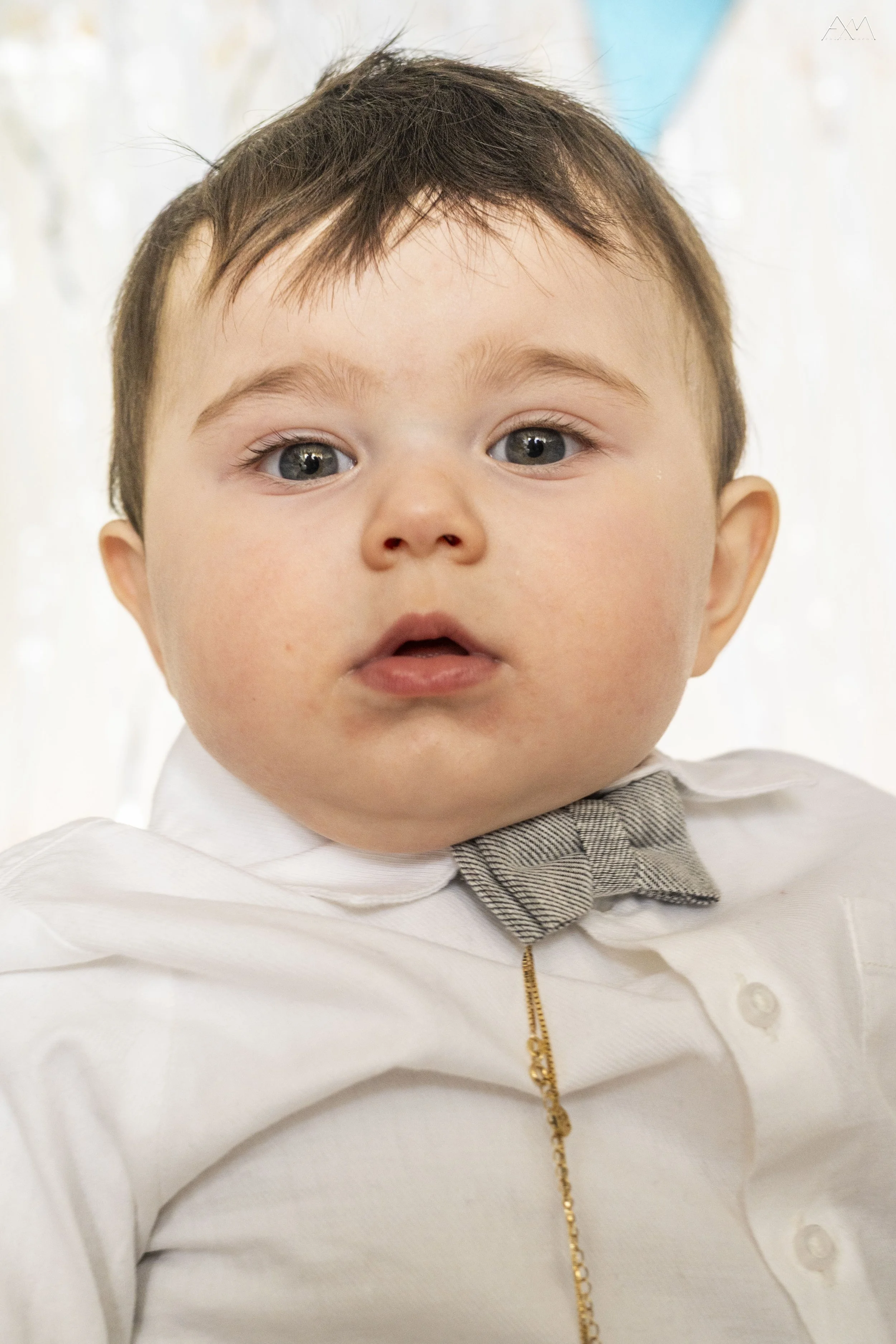 Close-up of a young boy with short brown hair, light skin, and blue eyes, wearing a white shirt with a plaid bow tie, and gold chain. The background is blurred.