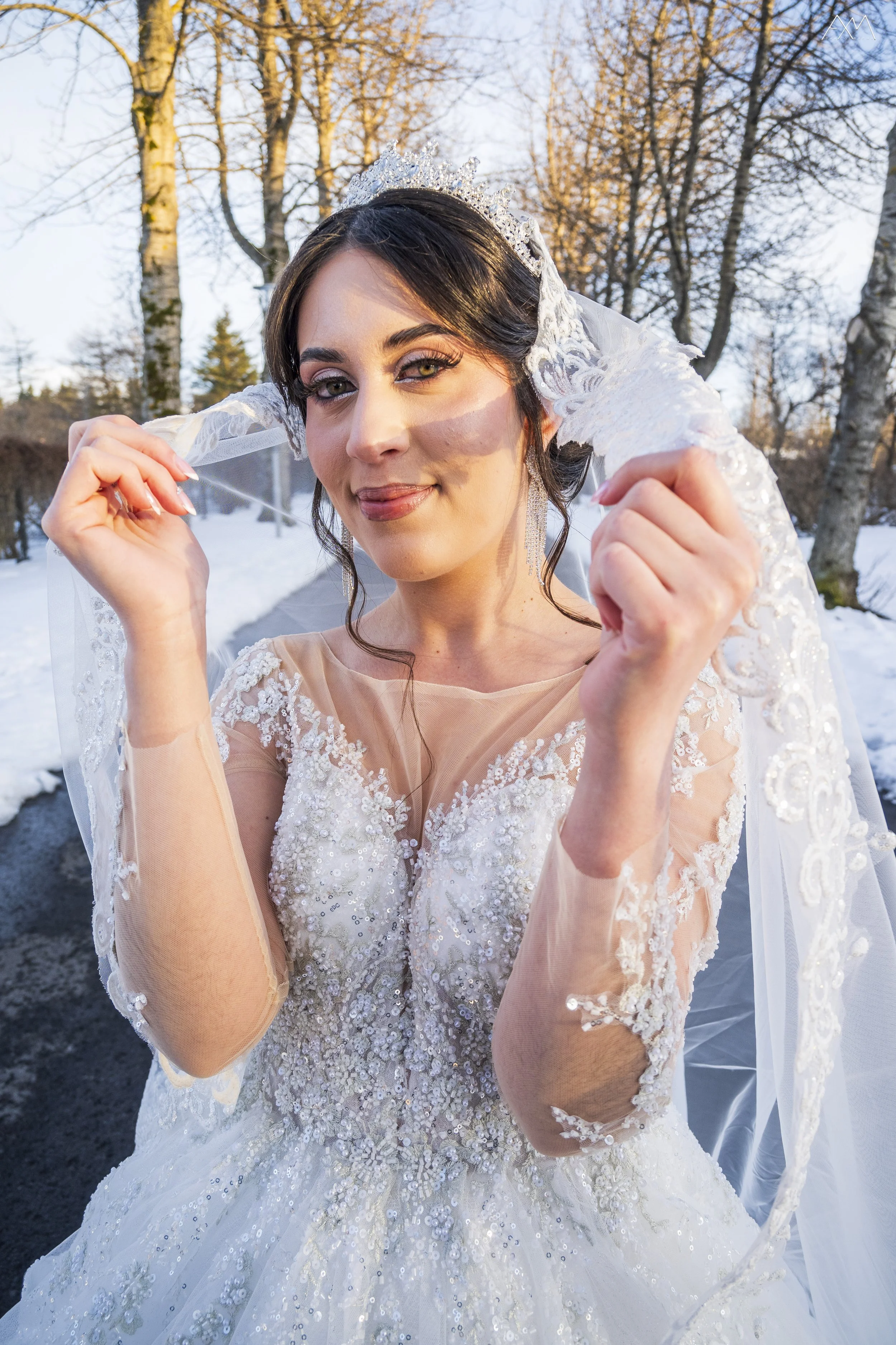 A woman in a wedding dress and tiara smiling outdoors during winter, holding a lace veil near her face with bare trees and snow in the background.