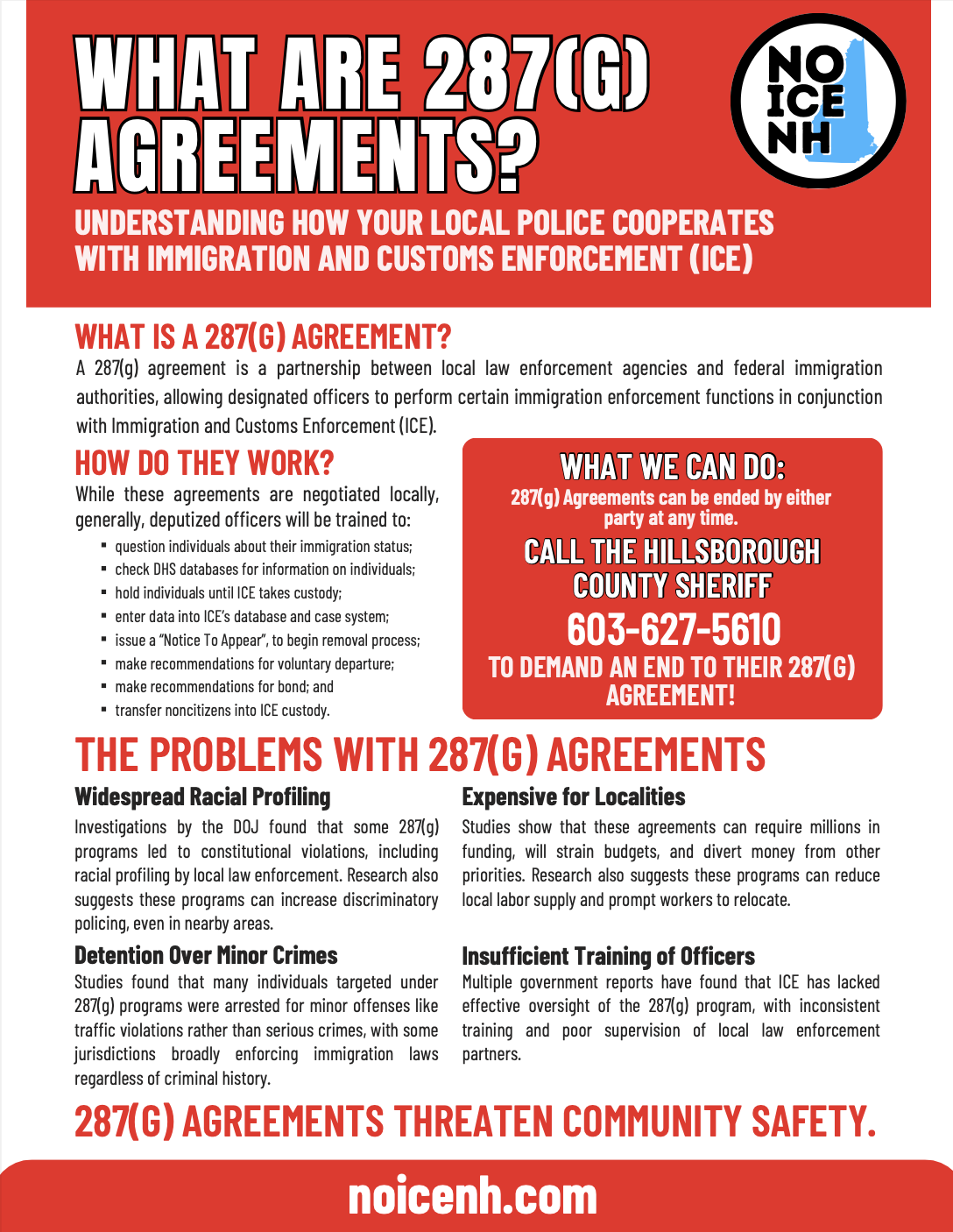Informational poster about 287(G) agreements, highlighting how local police cooperate with Immigration and Customs Enforcement (ICE). It includes a description of what a 287(G) agreement is, how they work, and their problems, with contact information for ending agreements. The poster emphasizes that 287(G) agreements threaten community safety.