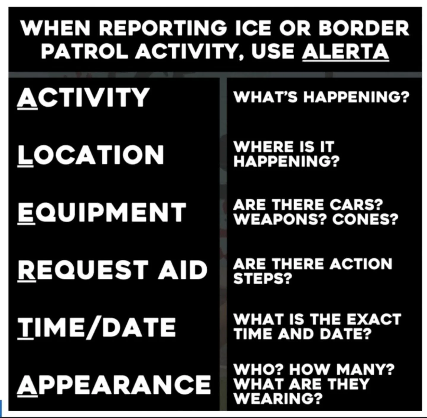 Guide with questions to report ICE or border patrol activity, including details about the activity, location, equipment, request aid, time/date, and appearance, with specific prompts for each.