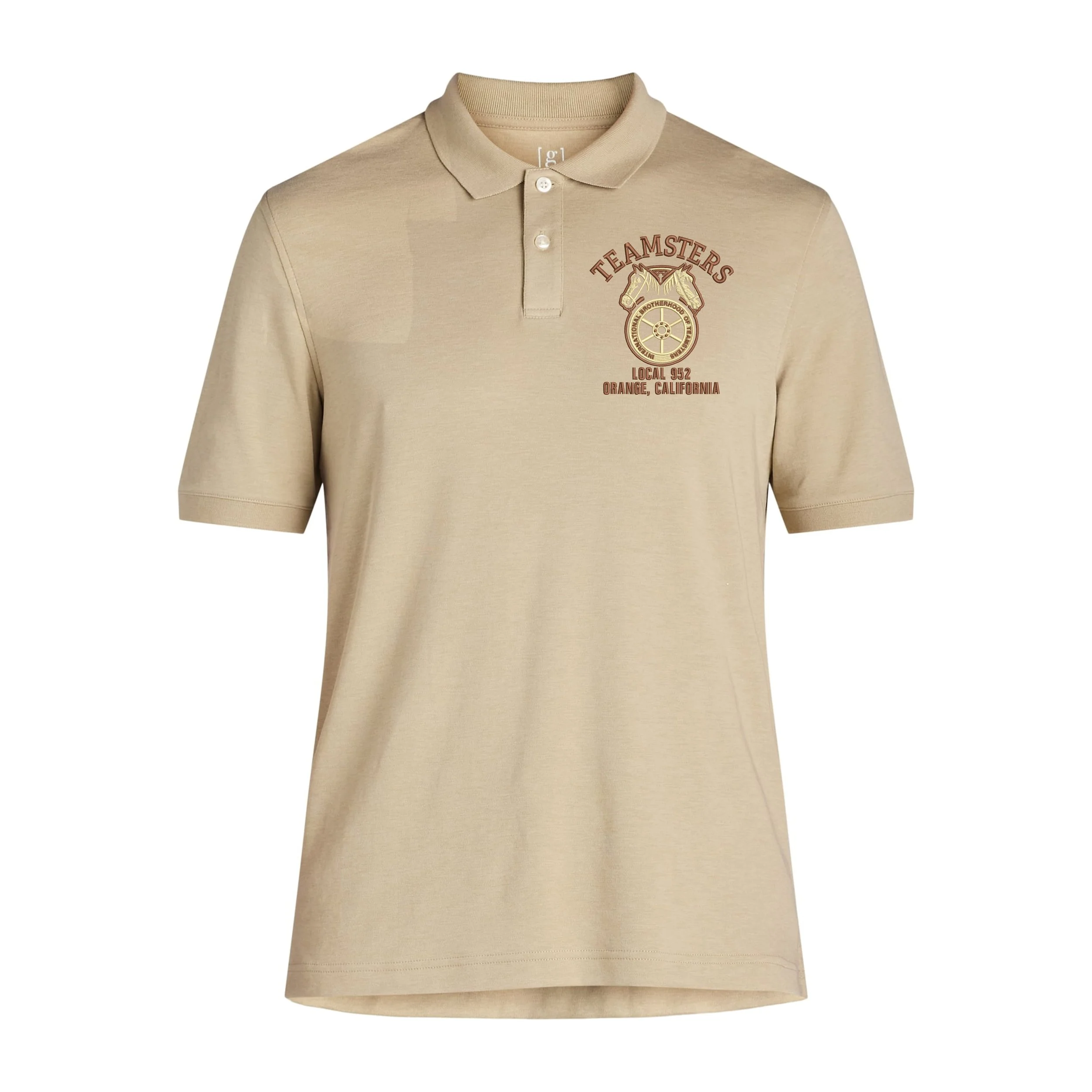 Beige polo shirt with a small emblem on the left chest area featuring the word 'TEAMSTERS' above a logo and the text 'LOCAL 952 ORANGE, CALIFORNIA' below.