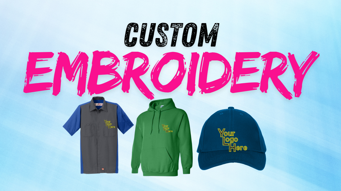 Custom embroidery advertisement featuring a short-sleeve shirt, hoodie, and baseball cap, each with a customizable logo area labeled 'Your Logo Here' against a light blue background.