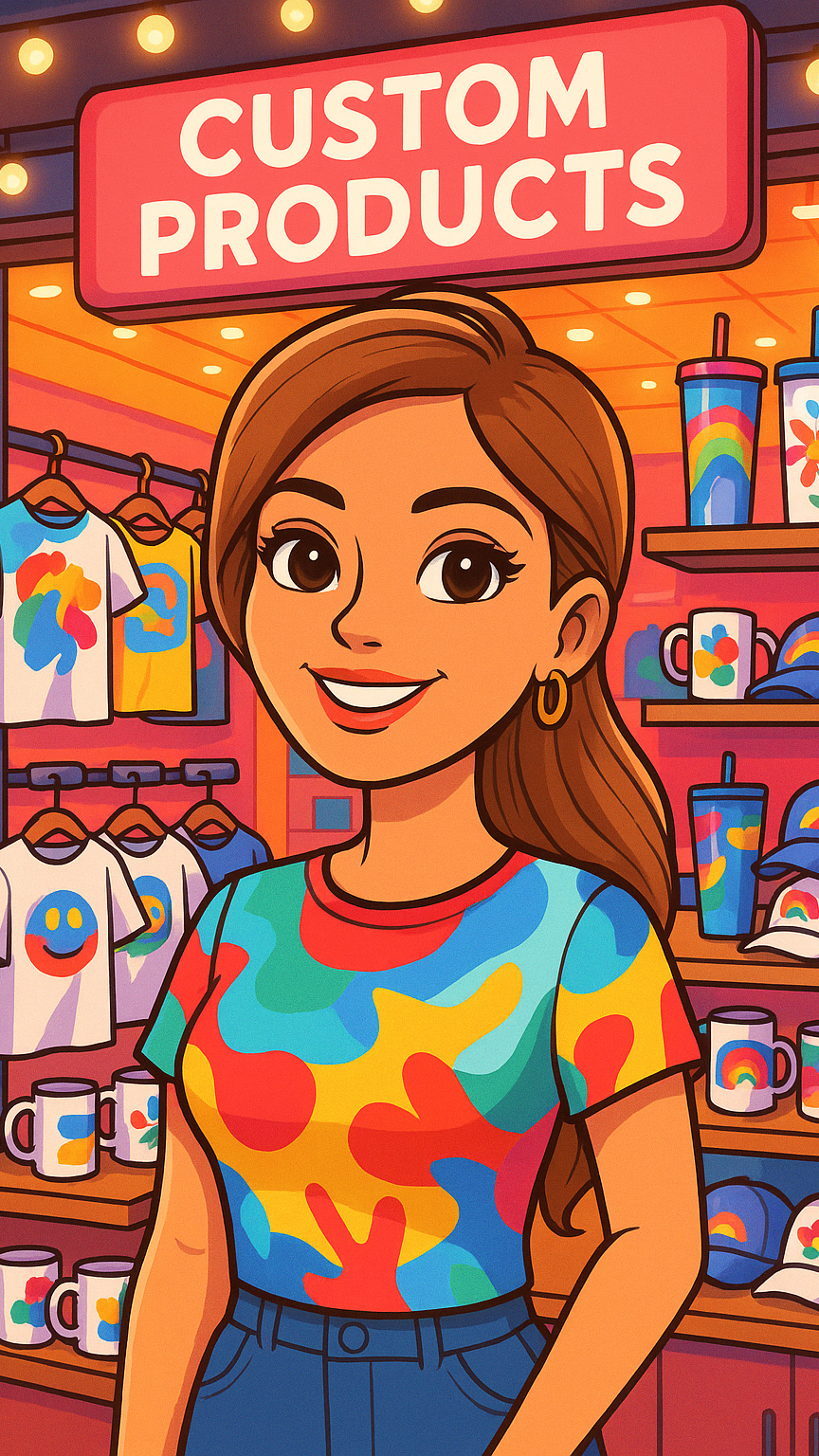 "Custom Products"; shelves behind her display colorful T-shirts, mugs, hats, and cups