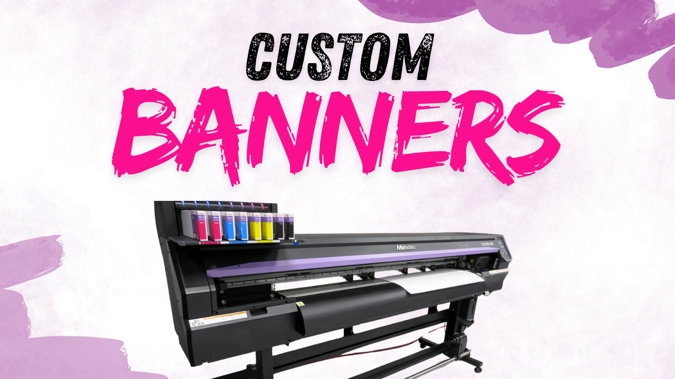 A large format printer with ink cartridges and the text 'Custom Banners'