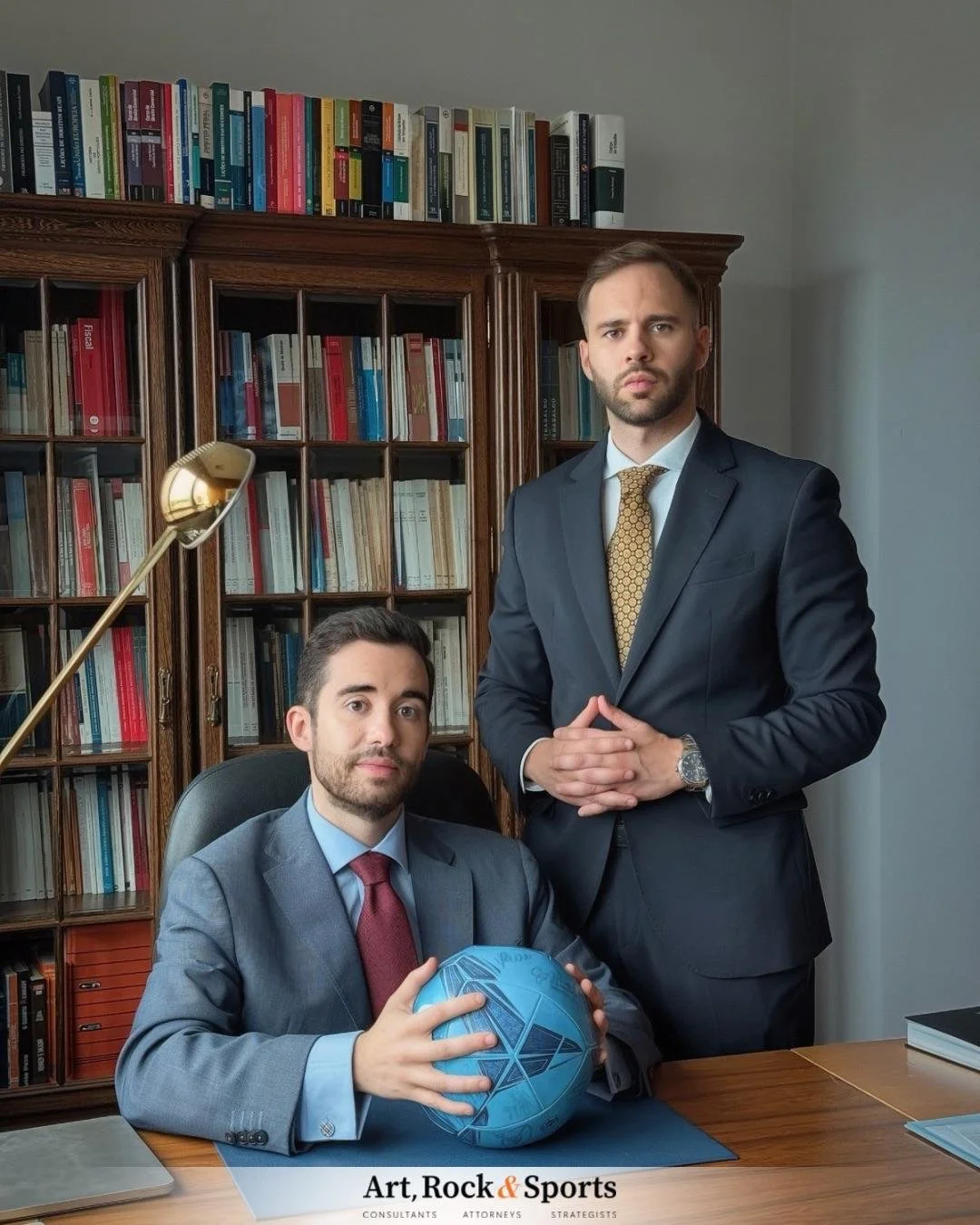 Dois homens em um escritório com estantes de livros de madeira ao fundo. Um deles está sentado na cadeira, segurando uma bola azul com símbolos desenhados, enquanto o outro está de pé ao lado dele, com as mãos juntas. Ambos usam ternos formais, o homem sentado com terno cinza e a gravata vermelha, e o homem de pé com terno escuro e gravata amarela. Há uma lâmpada de leitura dourada ao lado.