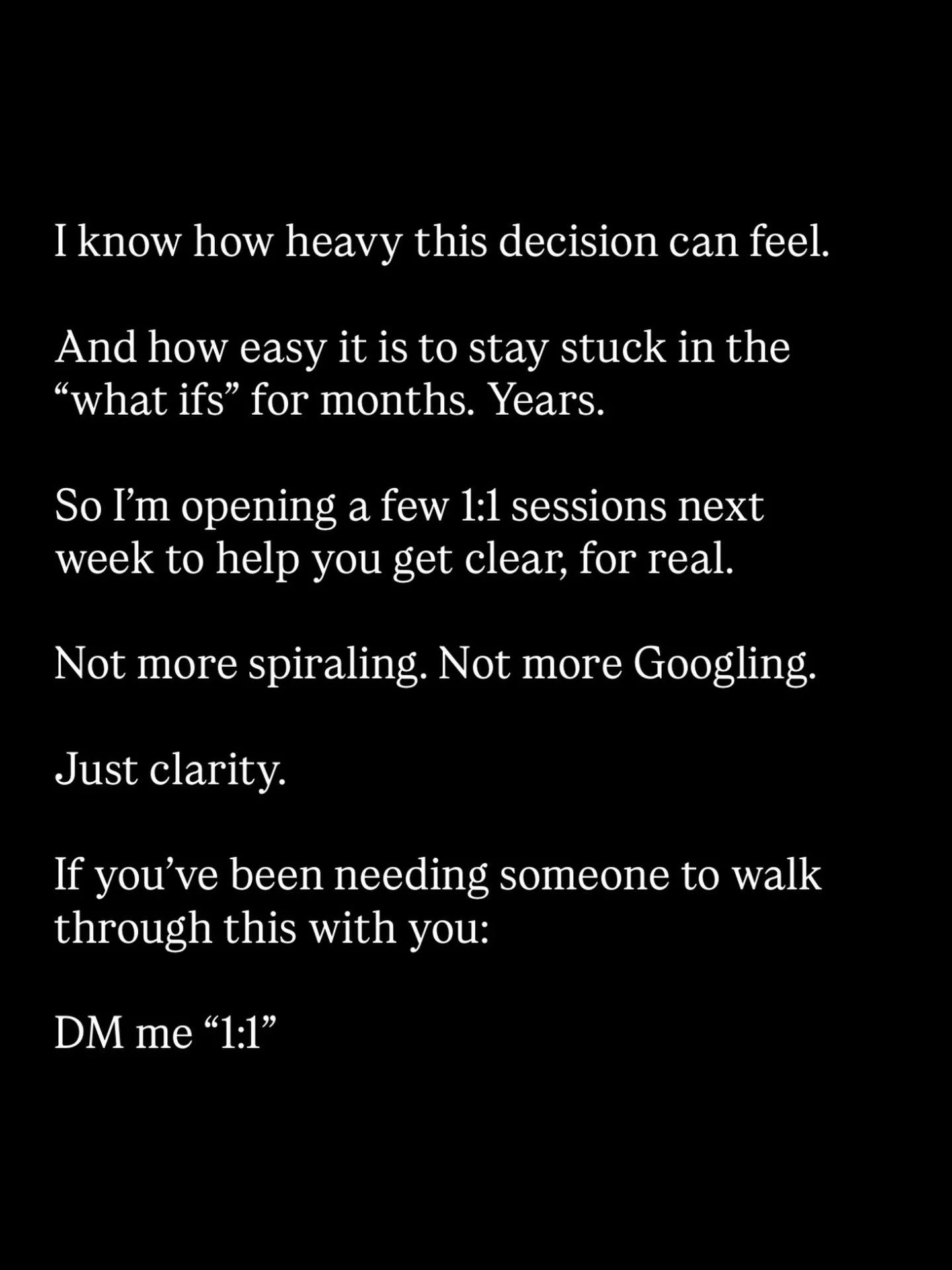The hardest part isn&rsquo;t the decision to have a baby as a single woman.
It&rsquo;s sitting in it&hellip; for months, even years.

Overthinking. Googling. Going in circles.

You don&rsquo;t have to do that alone.

I opened a few 1:1 spots next wee