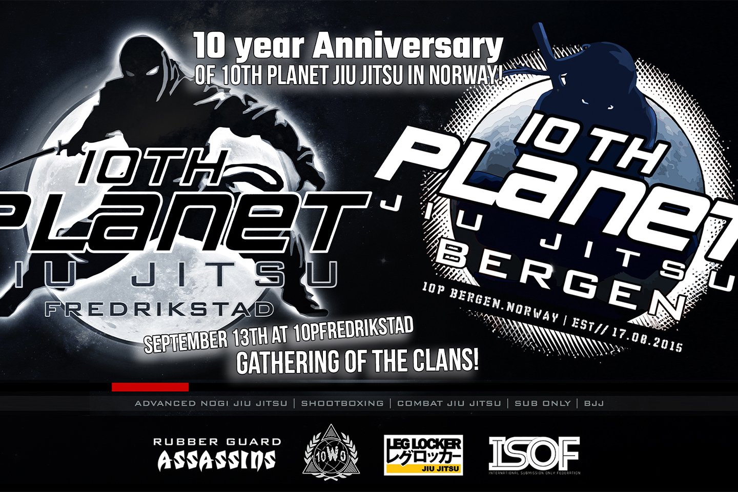 A graphic celebrating the 10th anniversary of Planet Jiu Jitsu in Norway, with a ninja figure against the moon and Earth, announcing an event on September 13 at 10P Fredrikstad featuring various martial arts competitions and gathering of clans.
