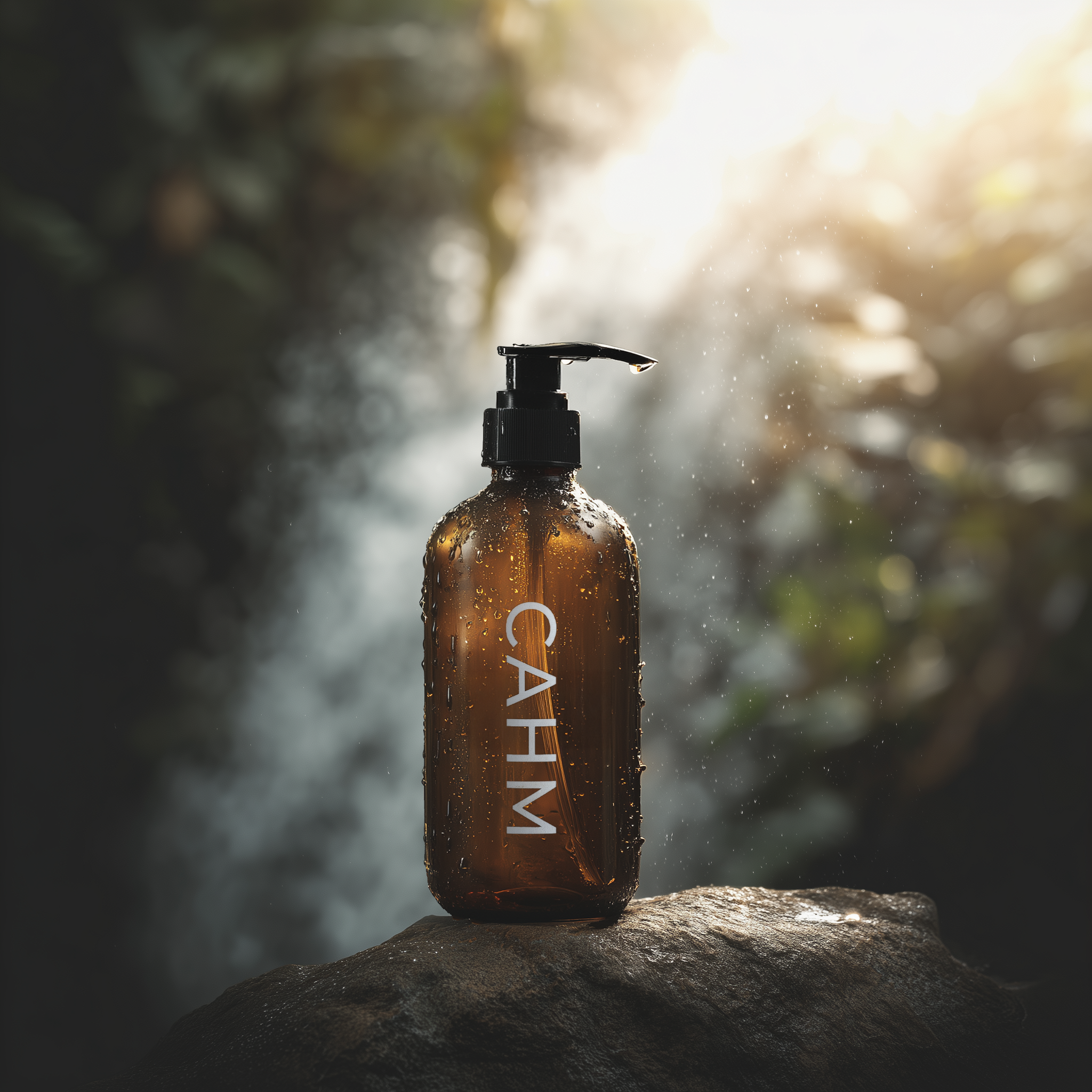 A brown glass pump bottle with the word "CATION" written on it, placed on a rock with water droplets on its surface, outdoors with trees and sunlight in the background.