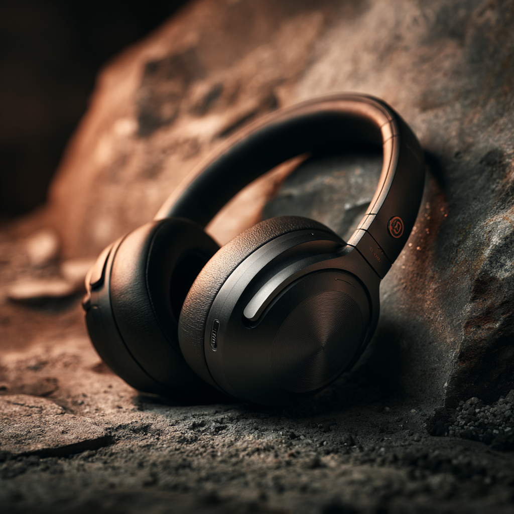 Black over-ear headphones resting on rocky ground with stone background.