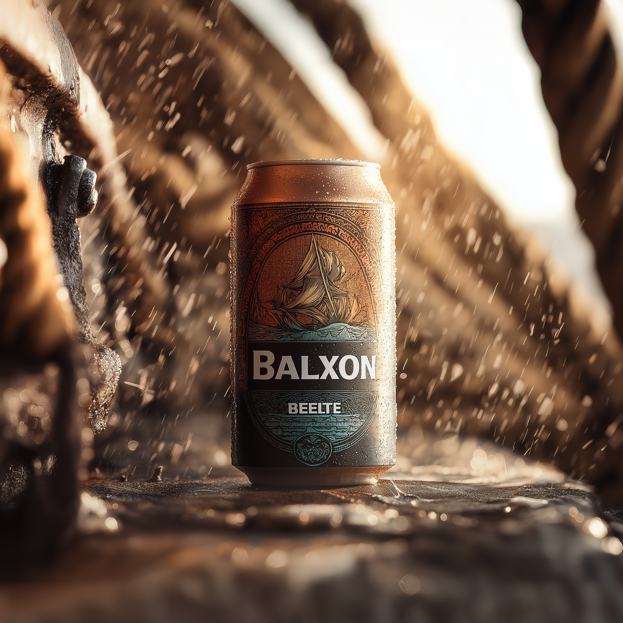 A can of Balxan beer outdoors with water droplets on it, surrounded by rocks and water, sunlit in the background.