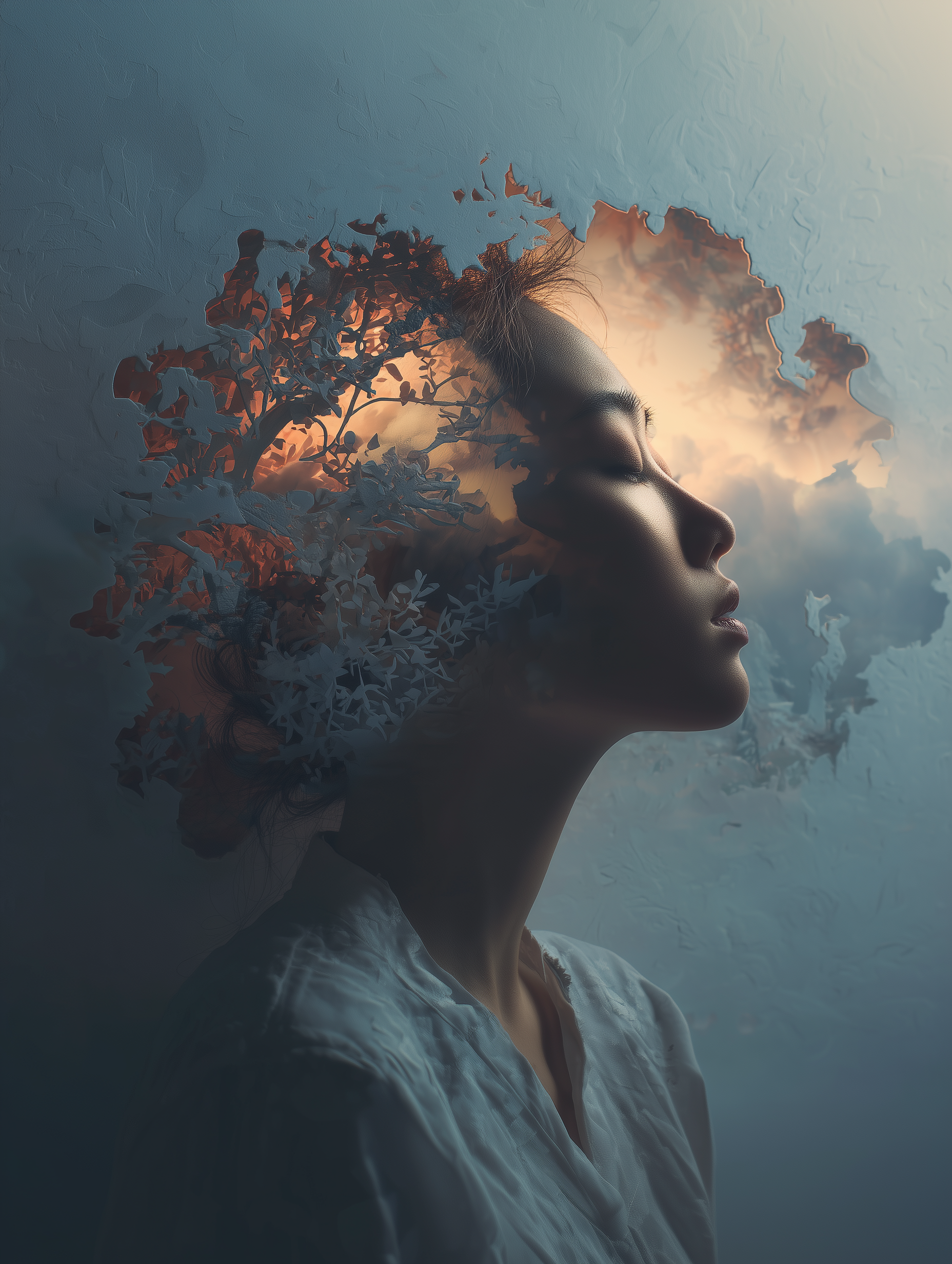 A surreal artwork of a woman's profile with her head blending into a scene of clouds, trees, and sunset, creating a dreamlike and contemplative atmosphere.