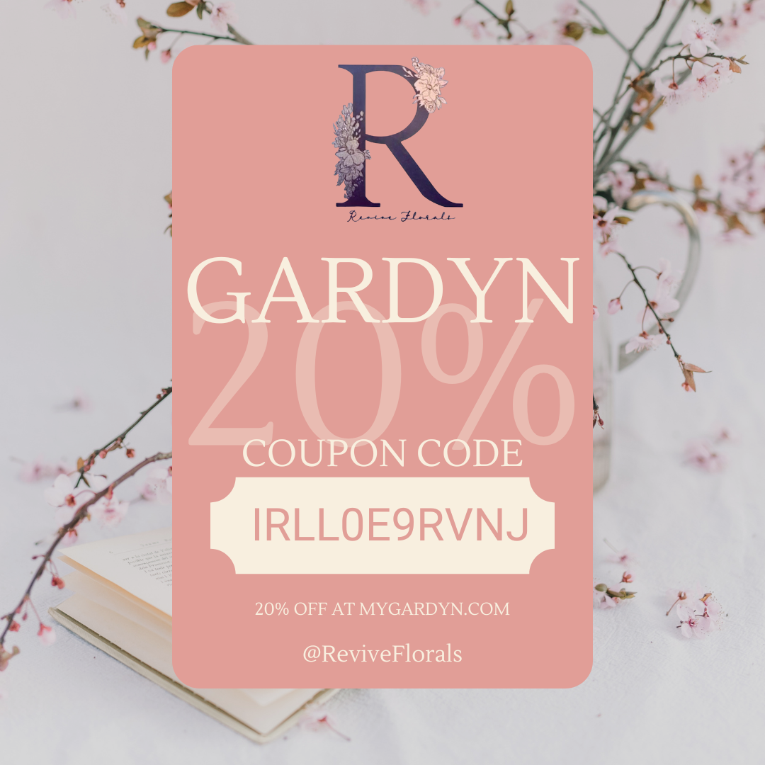 Pink promotional coupon for 20% off at mygardyn.com with a floral background, featuring a large letter R with floral accents, the word GARDYN, and a coupon code IRLLO9GRVNJ.