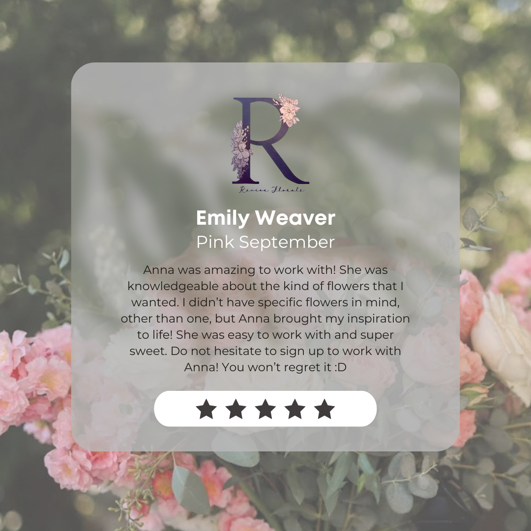 A review card for Emily Weaver with the title "Pink September" on a backdrop of pink flowers and greenery, featuring a five-star rating and a positive testimonial.