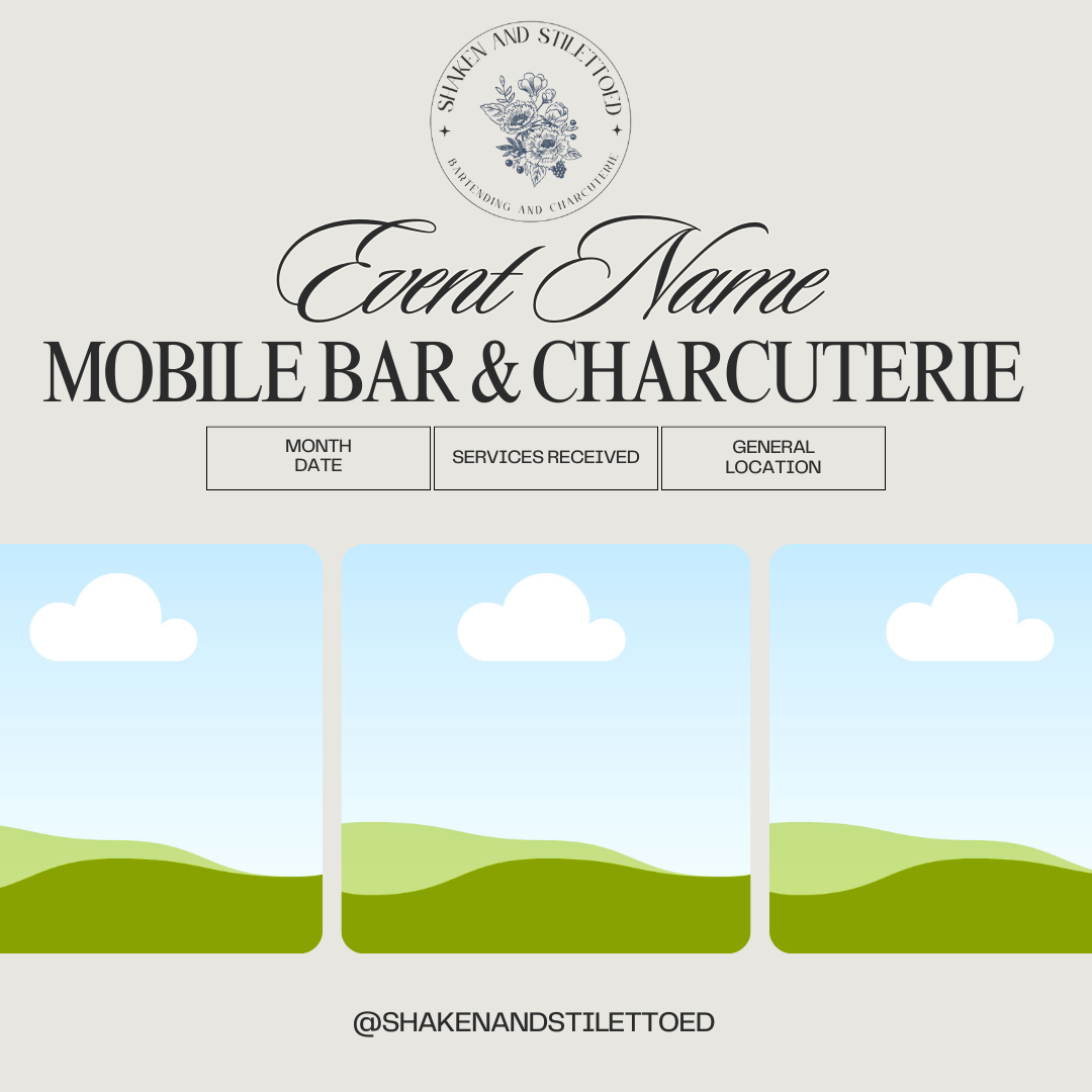 A customizable event flyer for a mobile bar and charcuterie business, with a decorative logo, fields for date, services, and location, and a landscape background with blue sky, clouds, and green hills.