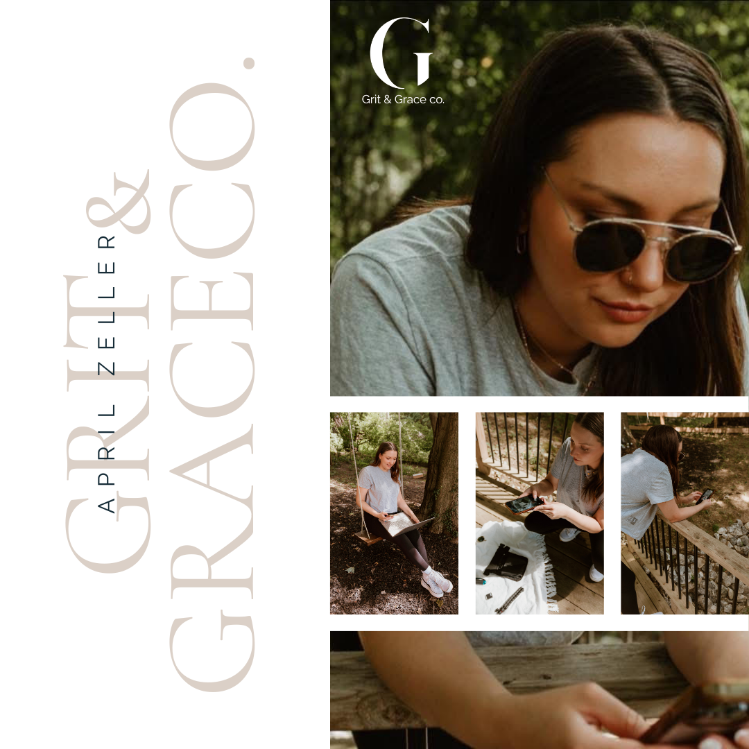 A collage of photos featuring a young woman outdoors, engaging in activities such as using a computer her phone, with branding for Grit & Grace Co.