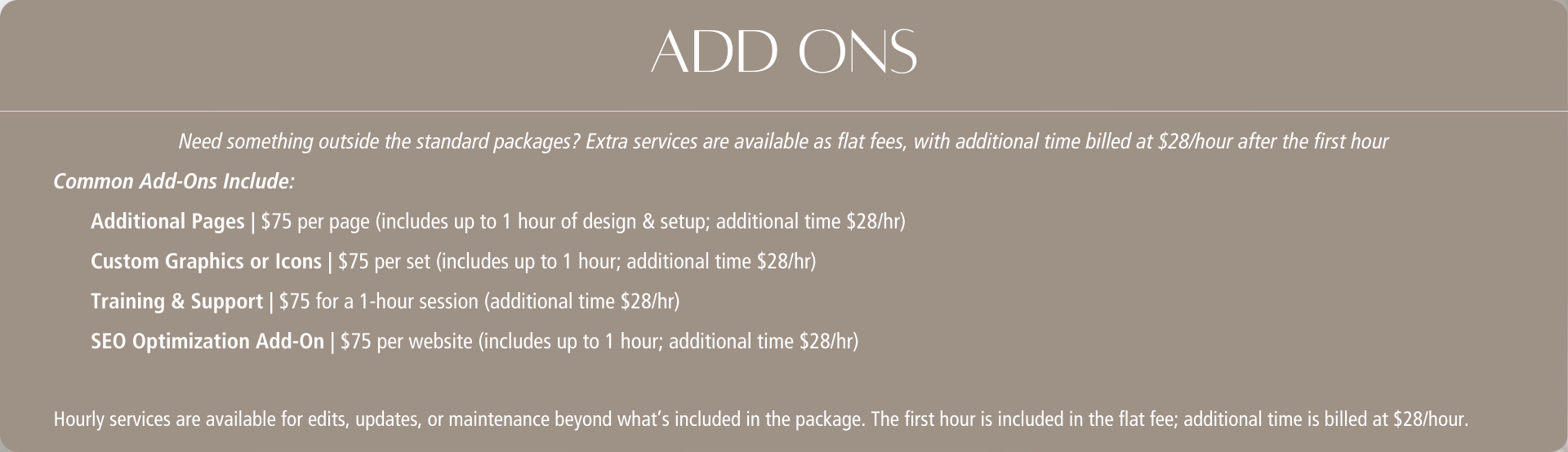 A beige-colored price list displaying add-on services and their prices, including additional pages, custom graphics or icons, training and support, and SEO optimization, with details about hourly rates for extra time.