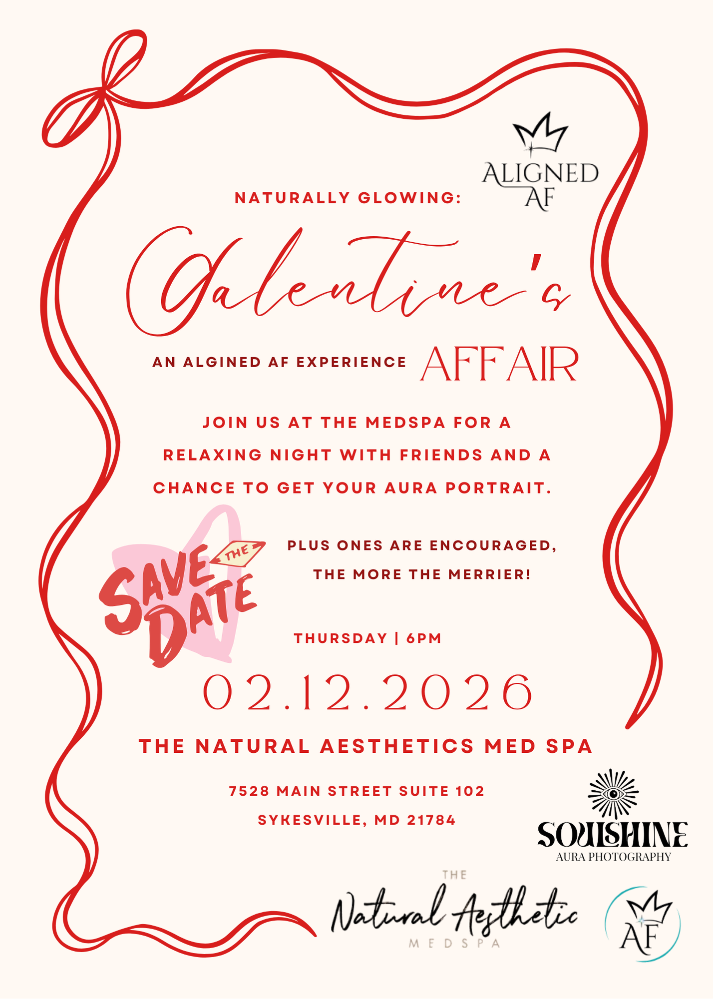 Invitation for Valentine's Day Aura Affair event at The Natural Aesthetics Med Spa, scheduled for February 12, 2026, at 6 PM, featuring a relaxing night, friends, and aura portraits, located at 7528 Main Street Suite 102, Sykesville, MD.