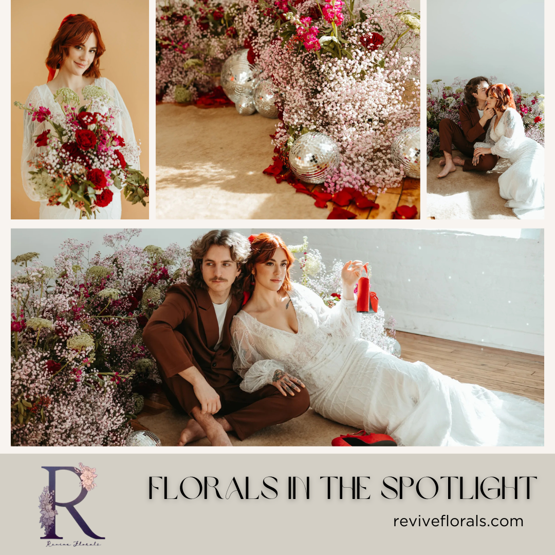 A collage of four images featuring floral arrangements with pink, white, and red flowers, silver disco balls, and couples surrounded by flowers, promoting floral design by Revive Florals.