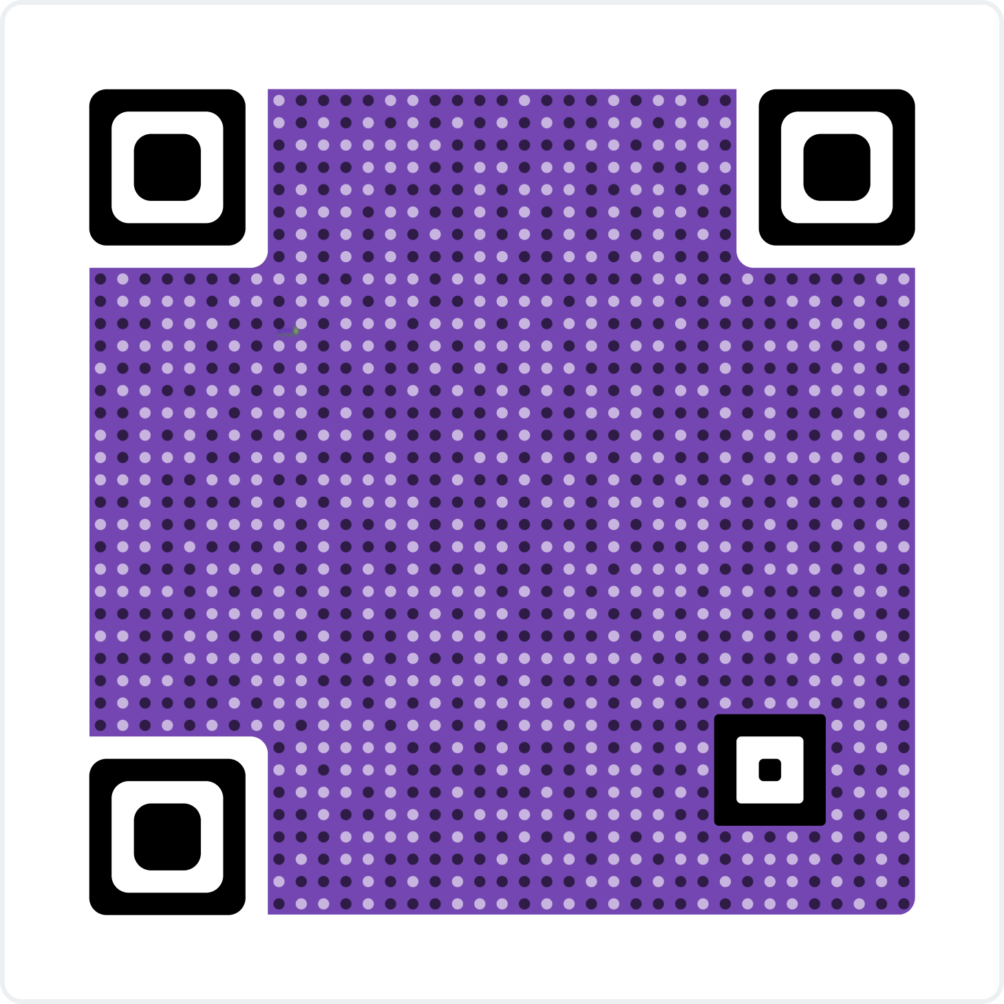 Purple QR code with black and white squares at three corners on a white background.