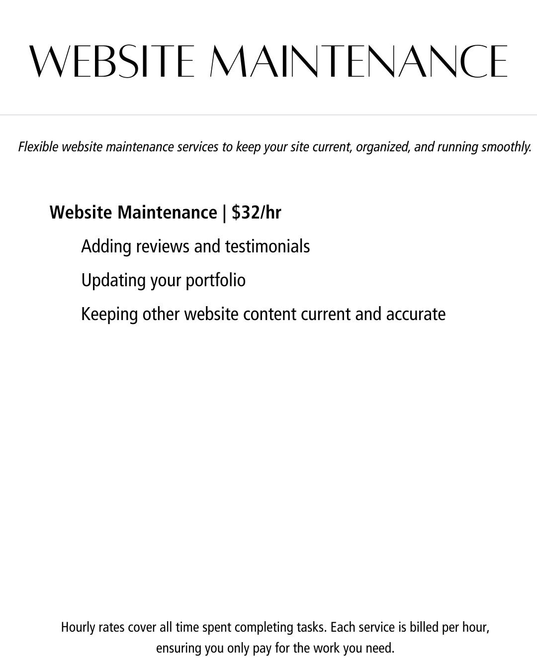 pricing menu for website maintenance services, detailing costs and specific tasks like reviews, portfolio updates, and content management.