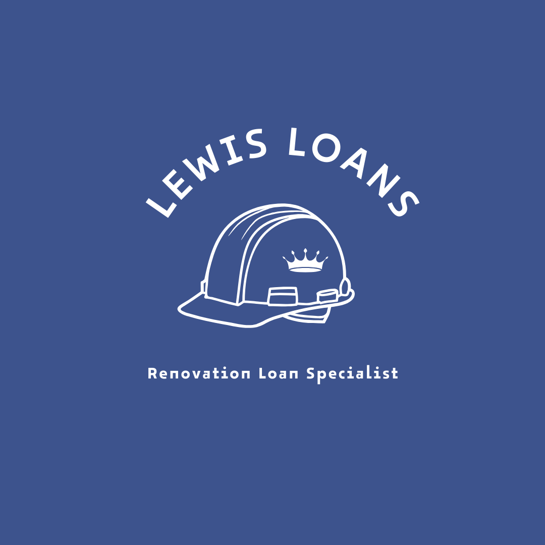 hard hat with a crown in the center with the words lewis loans overtop and underneath renovation loan specialist 