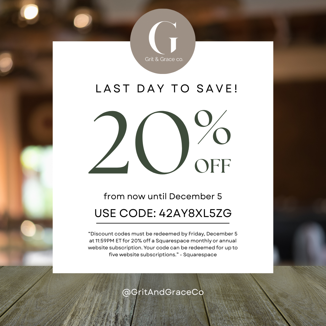 A promotional graphic for Grit & Grace Co. offering 20% off until December 5, with a redemption code, on a blurred background with a wooden surface at the bottom.