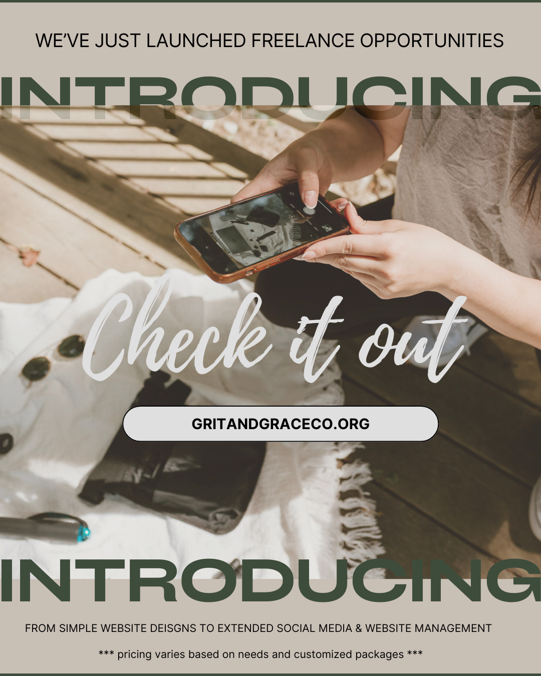 A person holding a smartphone to take a photo for a digital marketing flatlay