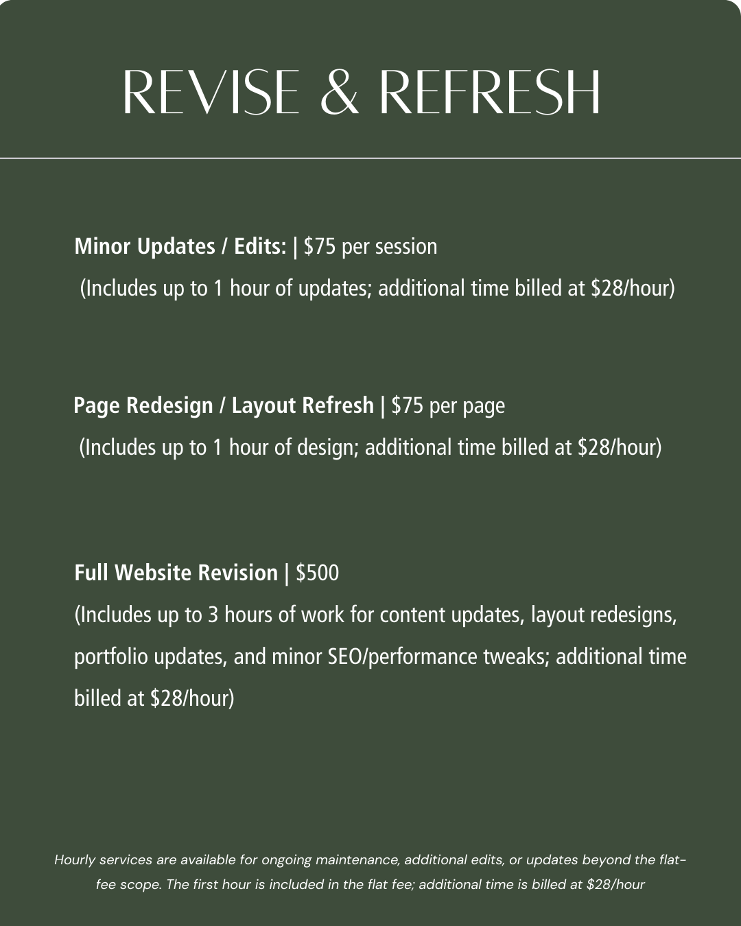 Pricing menu for website services, including minor updates, page redesign, and full website revision.