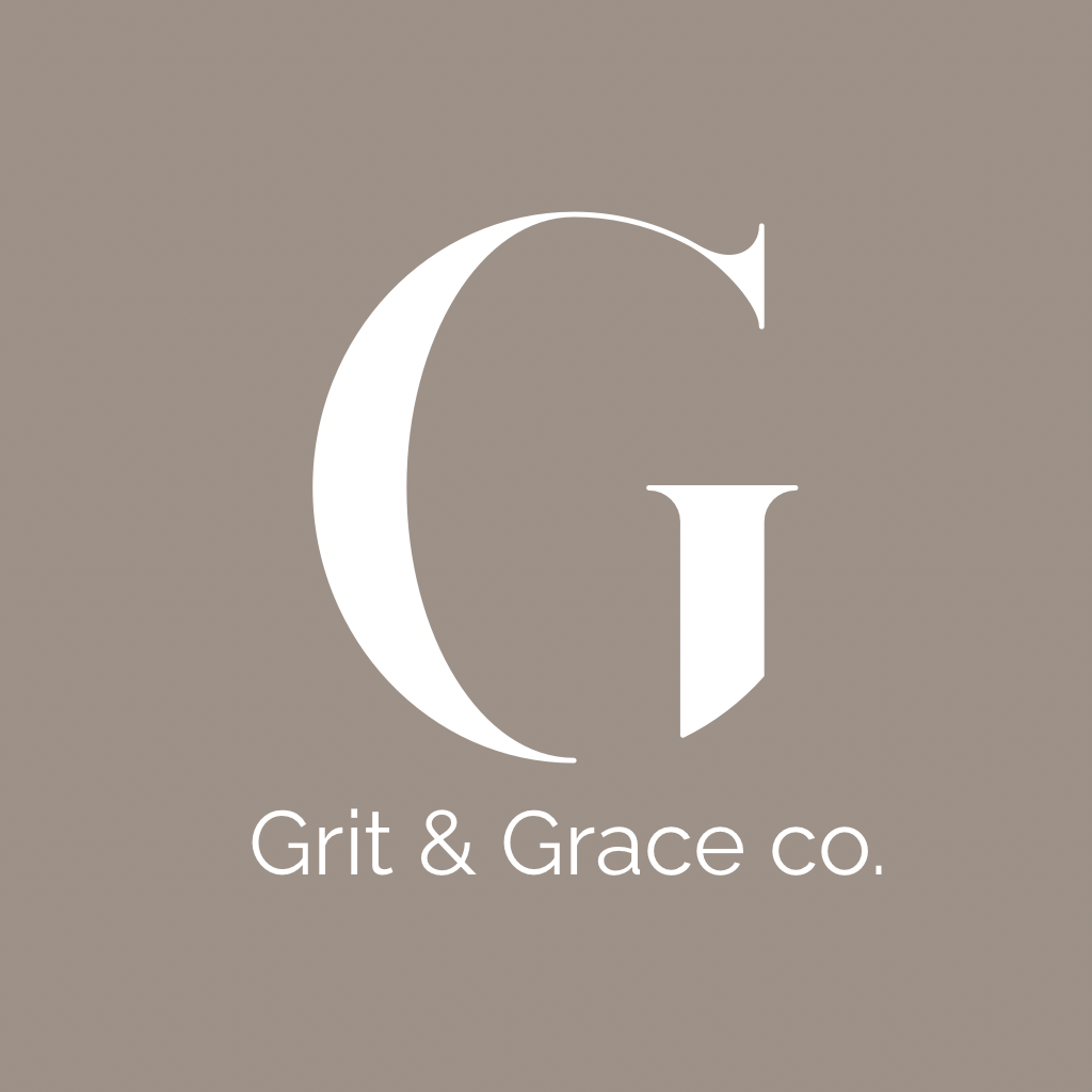 Big white G above grit and grace co. marketing company on a taupe background 