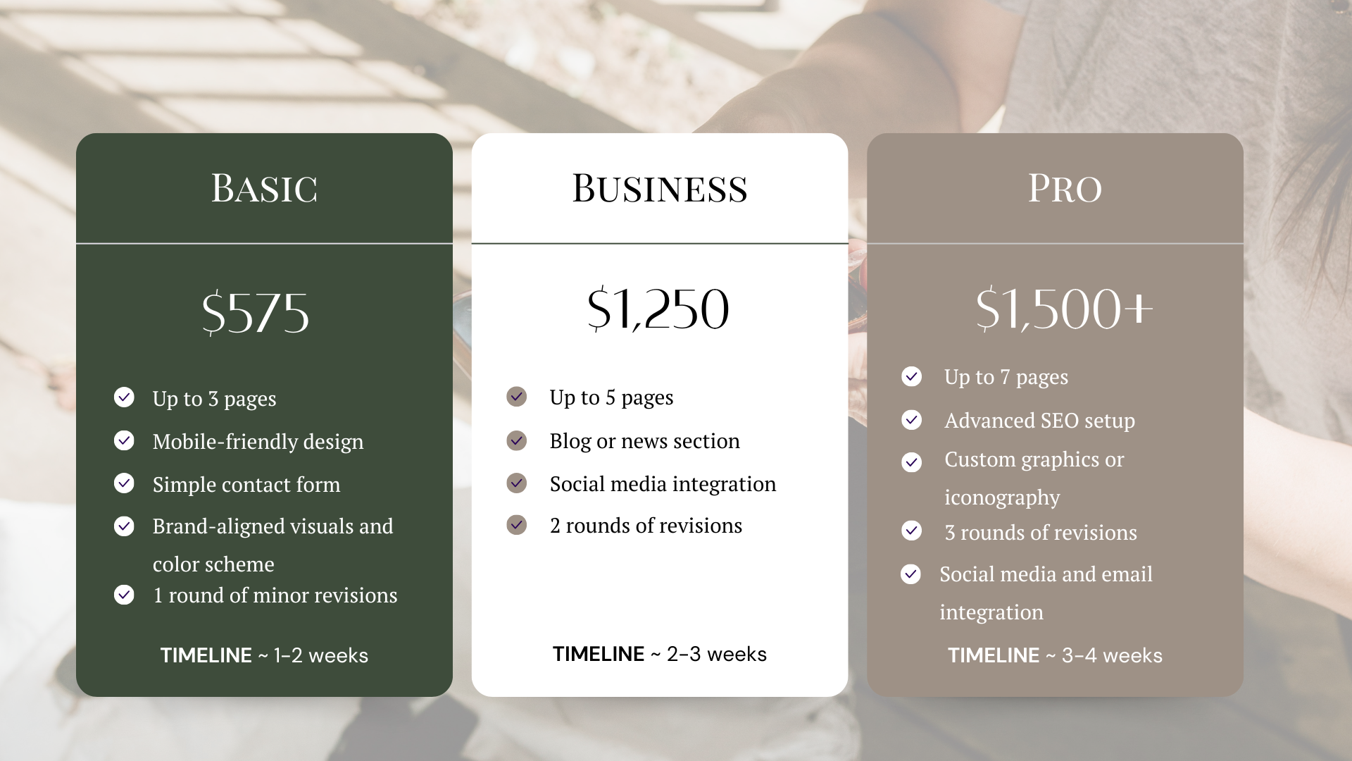 business packages with 3 tiers of pricing from basic $575 business $1250, and pro $!500+