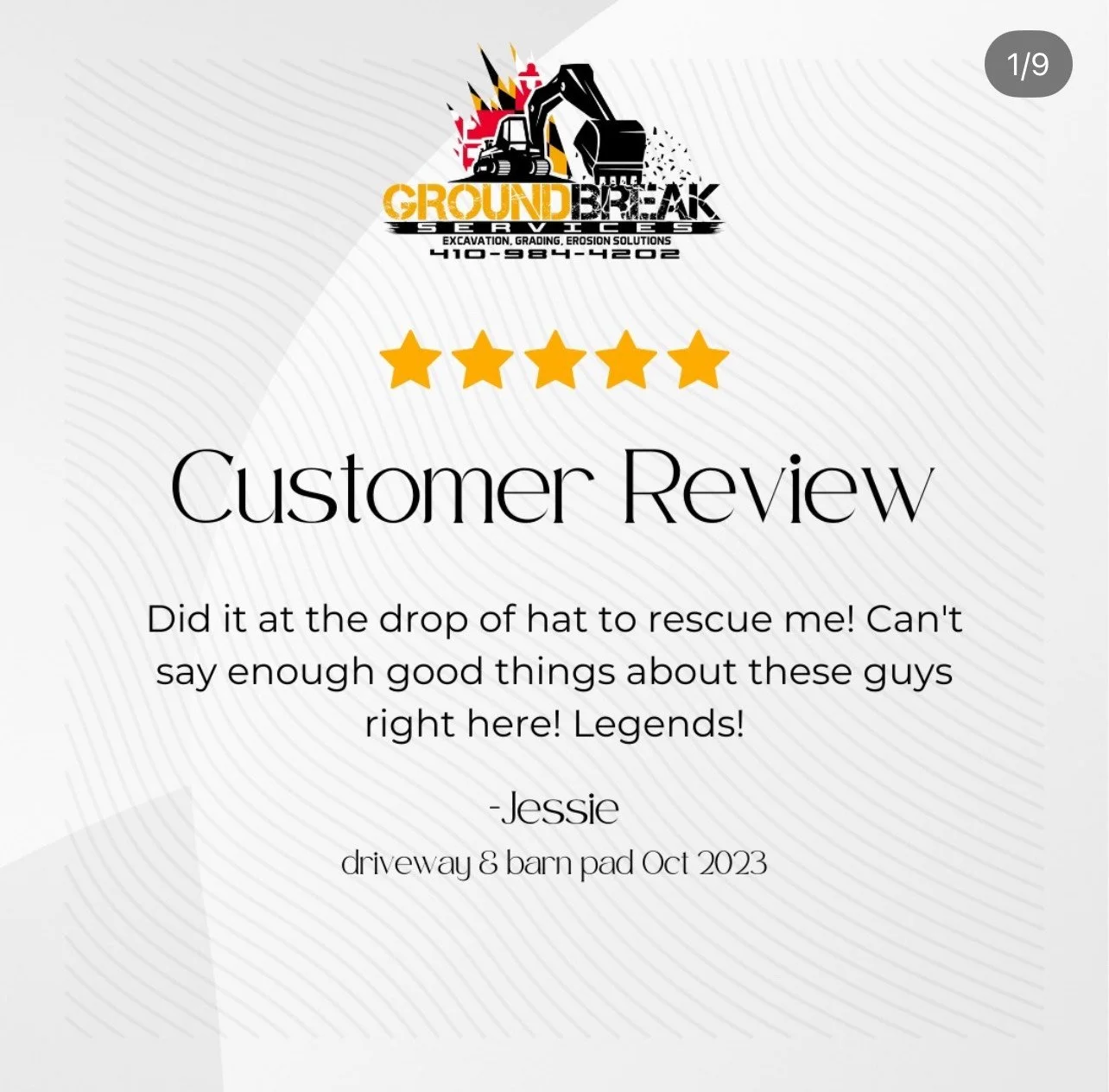 Customer review of Ground Break Surfaces with five gold stars, praising the company's work on a driveway and barn pad in October 2023, signed by Jessie.