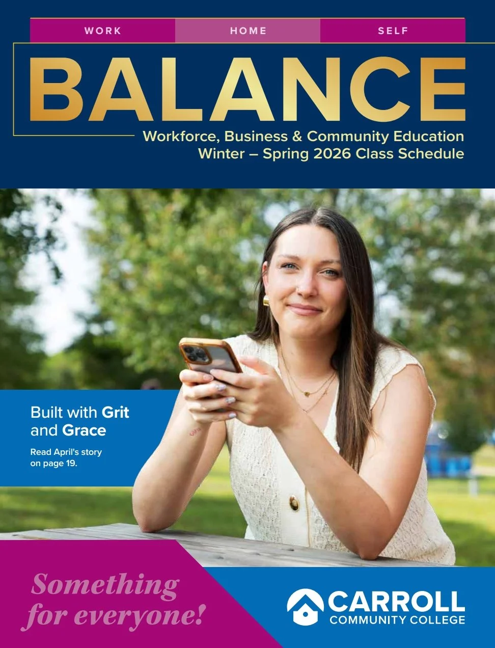 The cover page of a college catalog featuring a young woman with long brown hair sitting outdoors with trees in the background, holding a smartphone and smiling. The catalog is titled 'BALANCE' and promotes workforce, business, and community education courses for winter and spring 2026. The cover includes headings for work, home, and self, and the college logo at the bottom right.