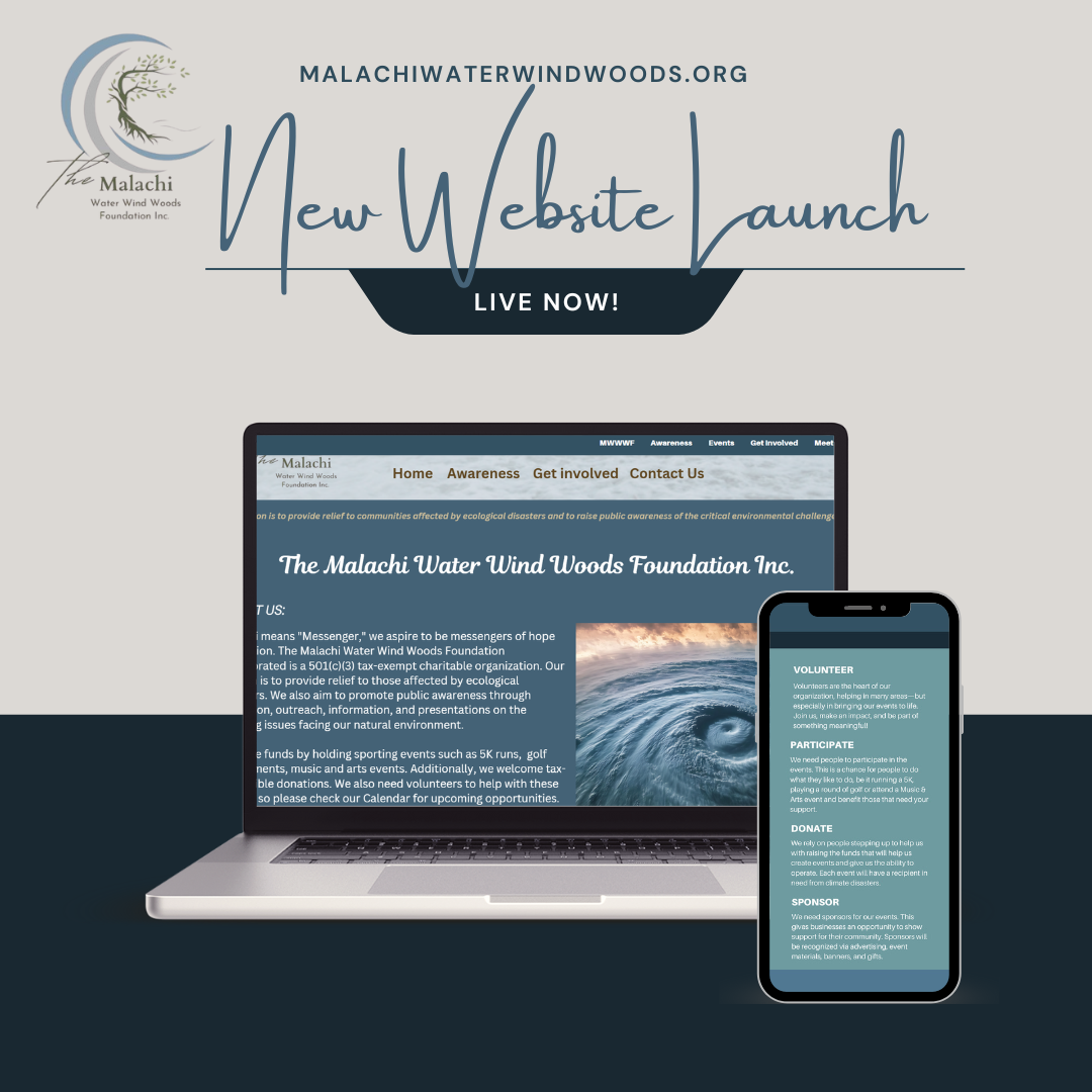 Announcement of the Malachi Water Wind Woods Foundation Inc.'s new website launch, featuring a laptop and a smartphone displaying the organization's webpage with sections for volunteer, participate, donate, and sponsor information.