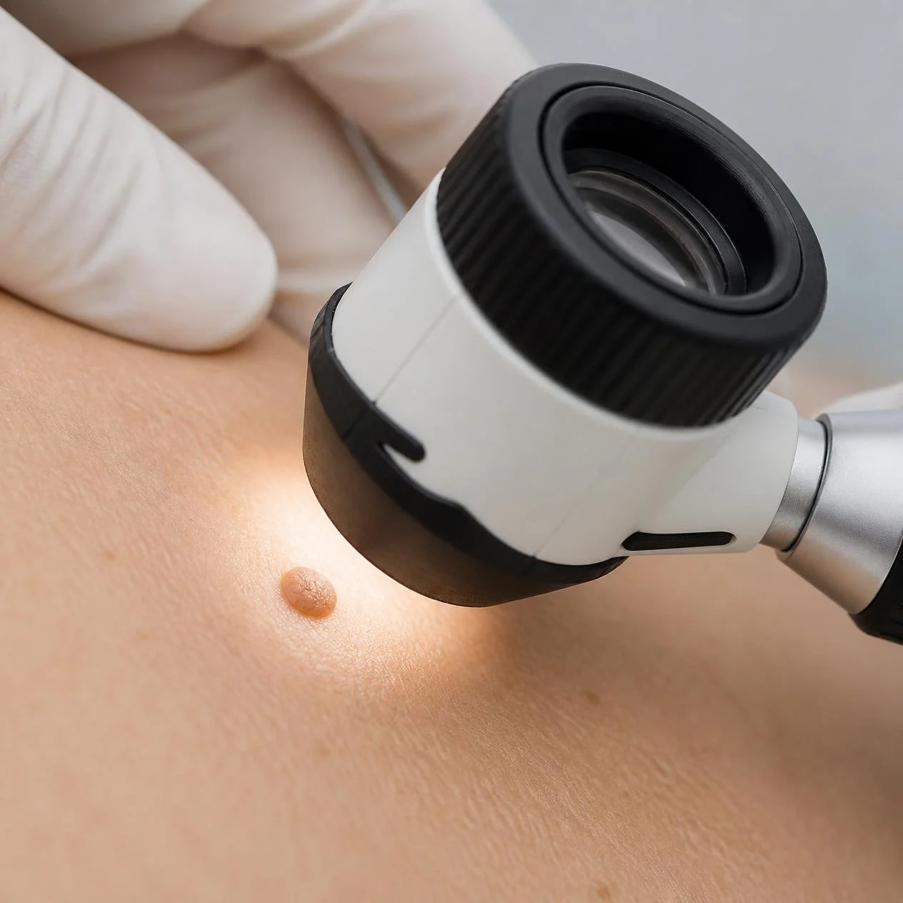 Dermatologist examining a skin mole for changes in appearance.