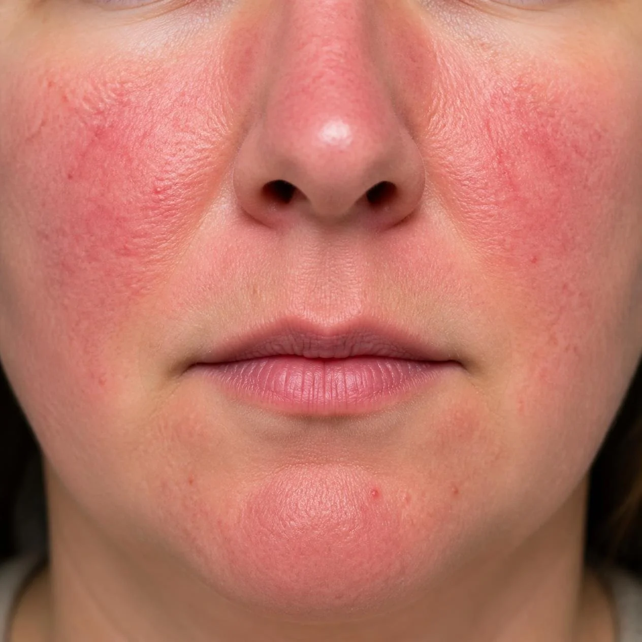 Rosacea causing visible facial redness and inflammation around the cheeks and nose.
