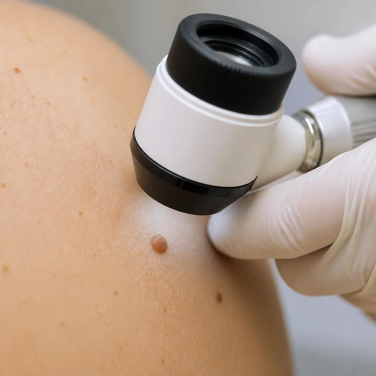 Dermatologist evaluating a skin growth to determine whether further assessment is needed.